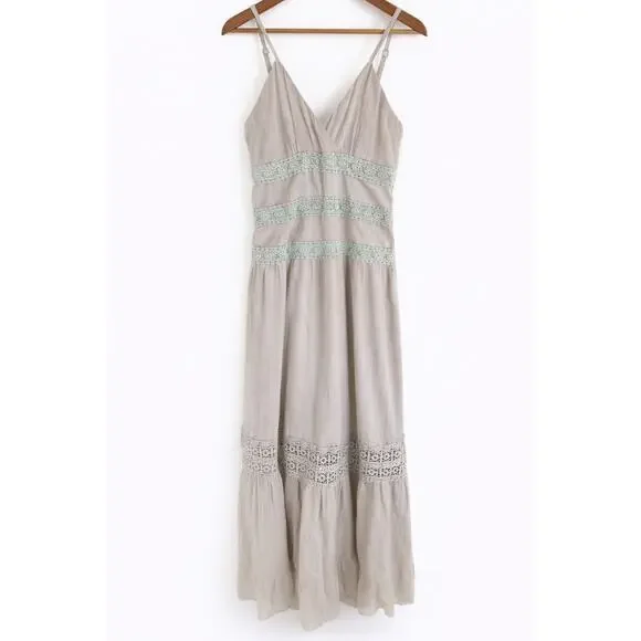 Romeo + Juliet Couture Maxi Dress Womens M Taupe Boho Gauze Crochet Beach NWT - Picture 1 of 13